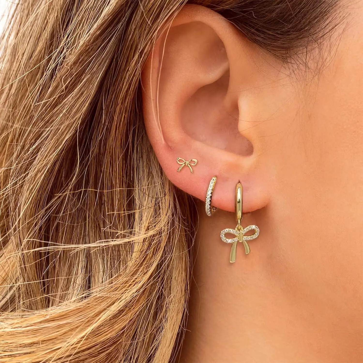 Gold Bow Earrings for Women - Huggie Hoop, Dangle Stud, and Dainty Stacks for Multiple Piercing - Jewelry Gifts