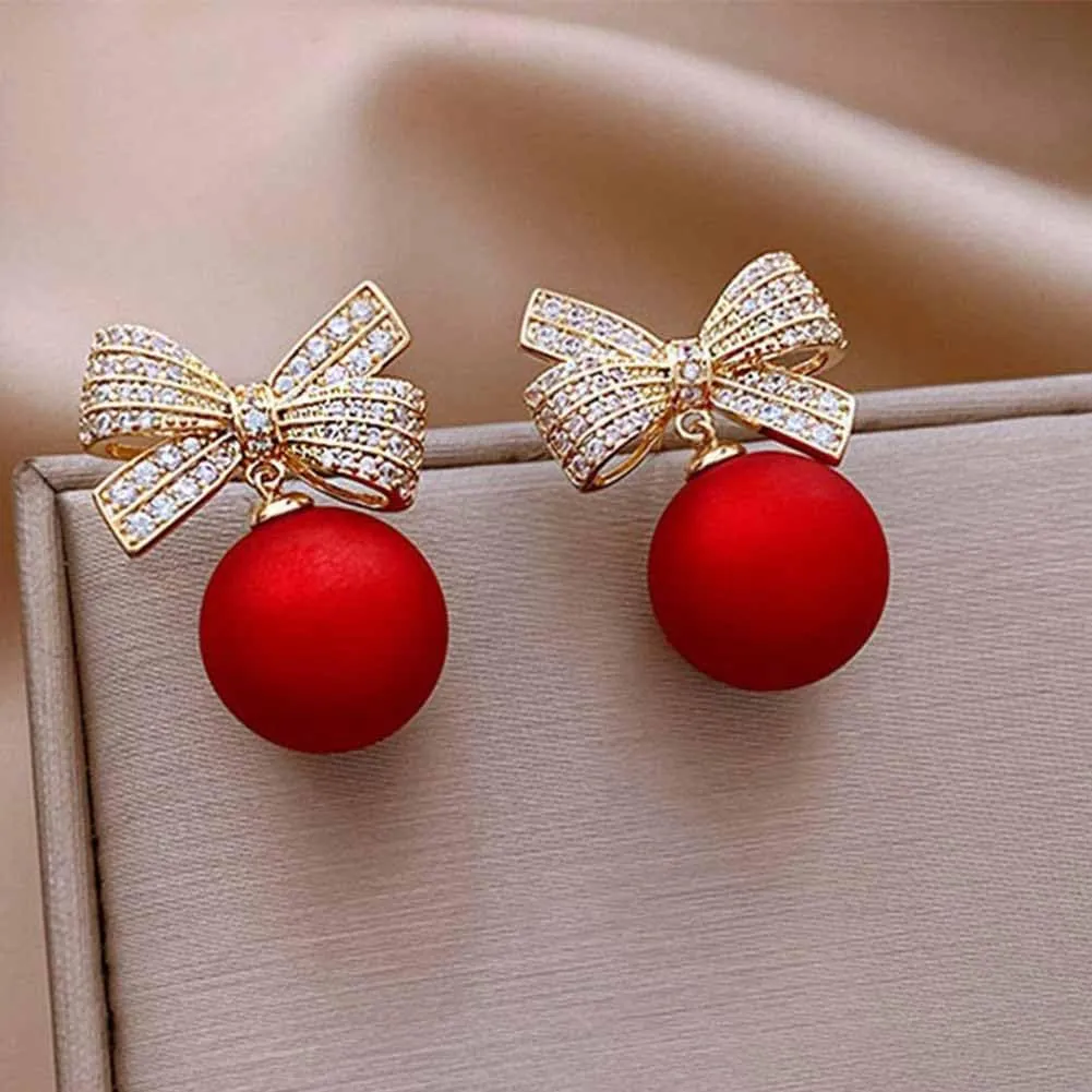 Gold Bow Earrings for Women Rhinestone Bowknot Stud Earrings Imitation Pearl Ball Drop Dangle Earrings Christmas Earrings Jewelry Gifts