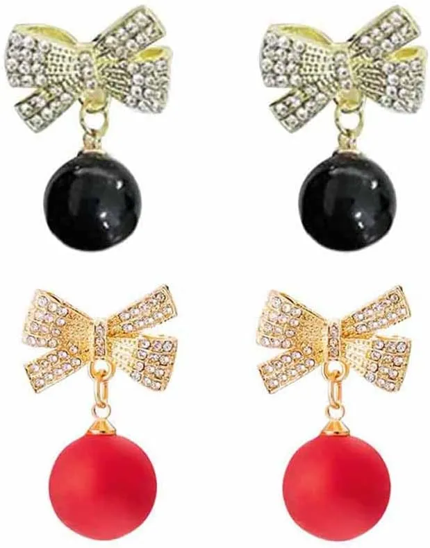 Gold Bow Earrings for Women Rhinestone Bowknot Stud Earrings Imitation Pearl Ball Drop Dangle Earrings Christmas Earrings Jewelry Gifts