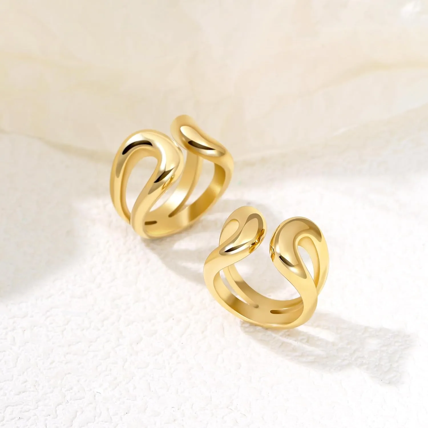 Gold Chunky Bands Ring 14K Real Gold Plated Open Statement Rings for Women and Men Double Layer High Polish Stackable Thick Ring Size 5 to 10