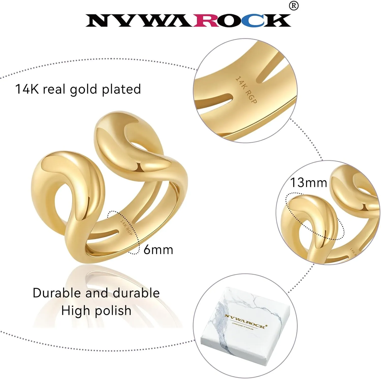Gold Chunky Bands Ring 14K Real Gold Plated Open Statement Rings for Women and Men Double Layer High Polish Stackable Thick Ring Size 5 to 10