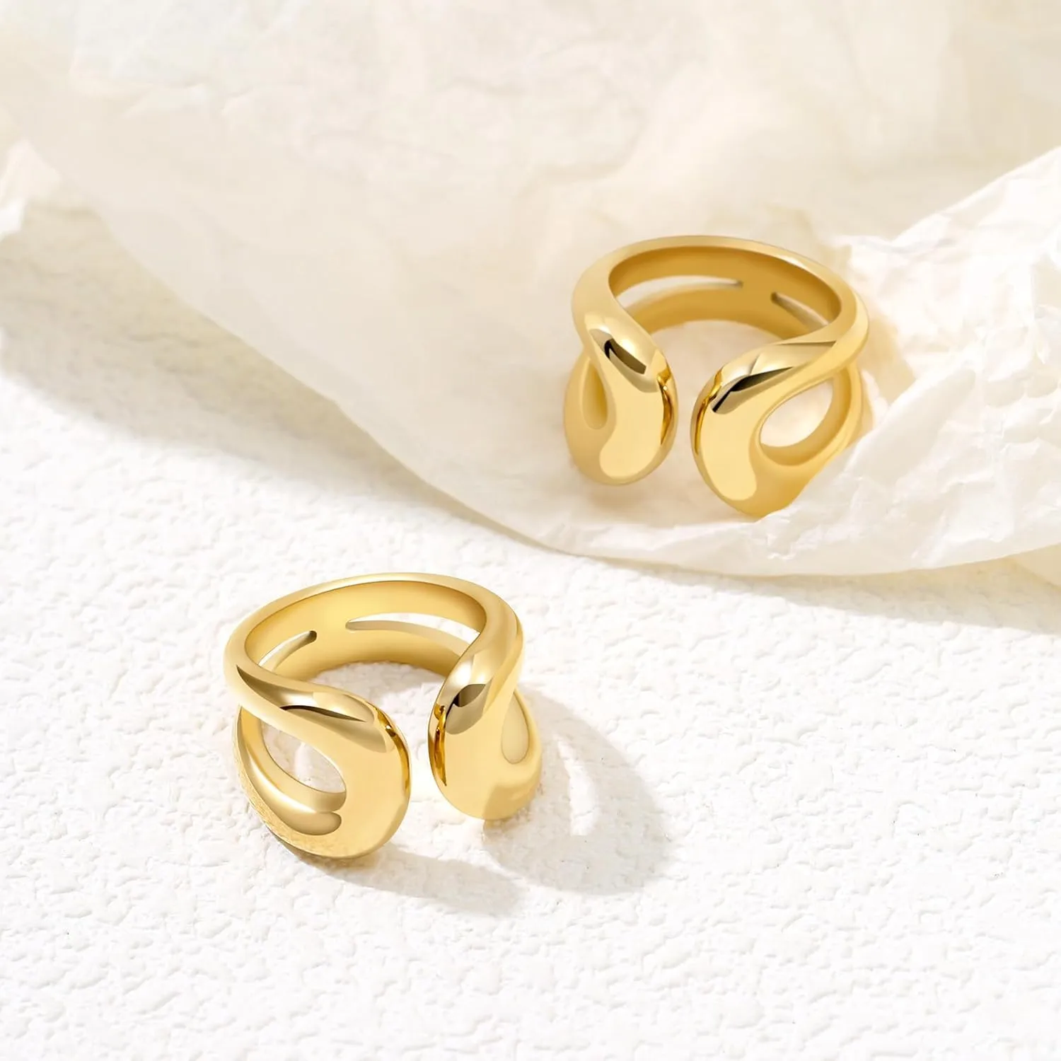 Gold Chunky Bands Ring 14K Real Gold Plated Open Statement Rings for Women and Men Double Layer High Polish Stackable Thick Ring Size 5 to 10