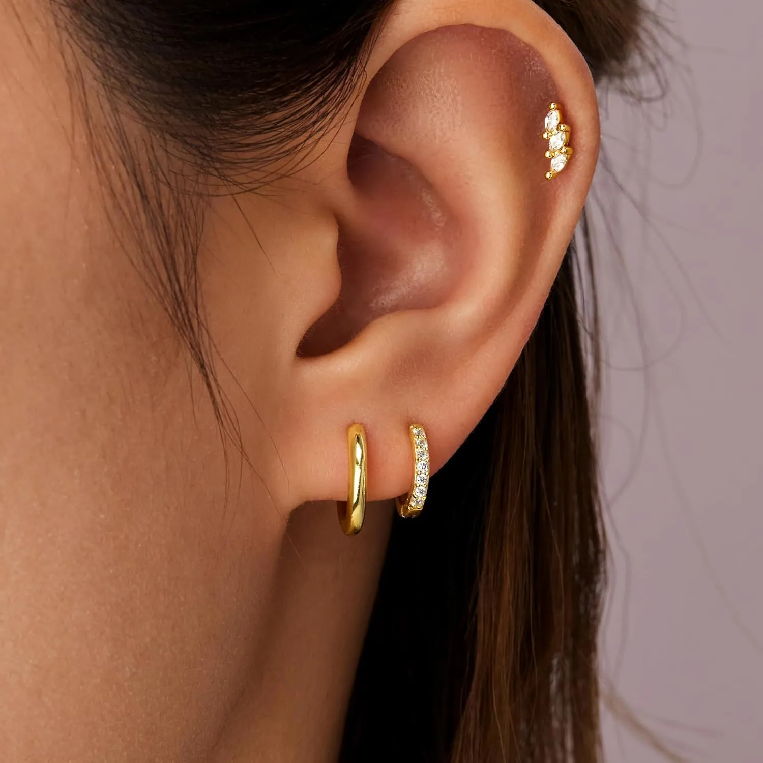 Gold Huggie Hoop Earrings Set for Women, Dainty Small Sterling Silver Earring for Multiple Piercing Hypoallergenic Jewelry, Trendy Twisted CZ Cartilage Earings for Women's Mother Gifts 3Pairs