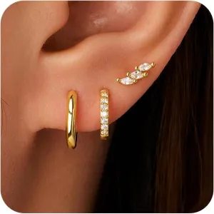 Gold Huggie Hoop Earrings Set for Women, Dainty Small Sterling Silver Earring for Multiple Piercing Hypoallergenic Jewelry, Trendy Twisted CZ Cartilage Earings for Women's Mother Gifts 3Pairs