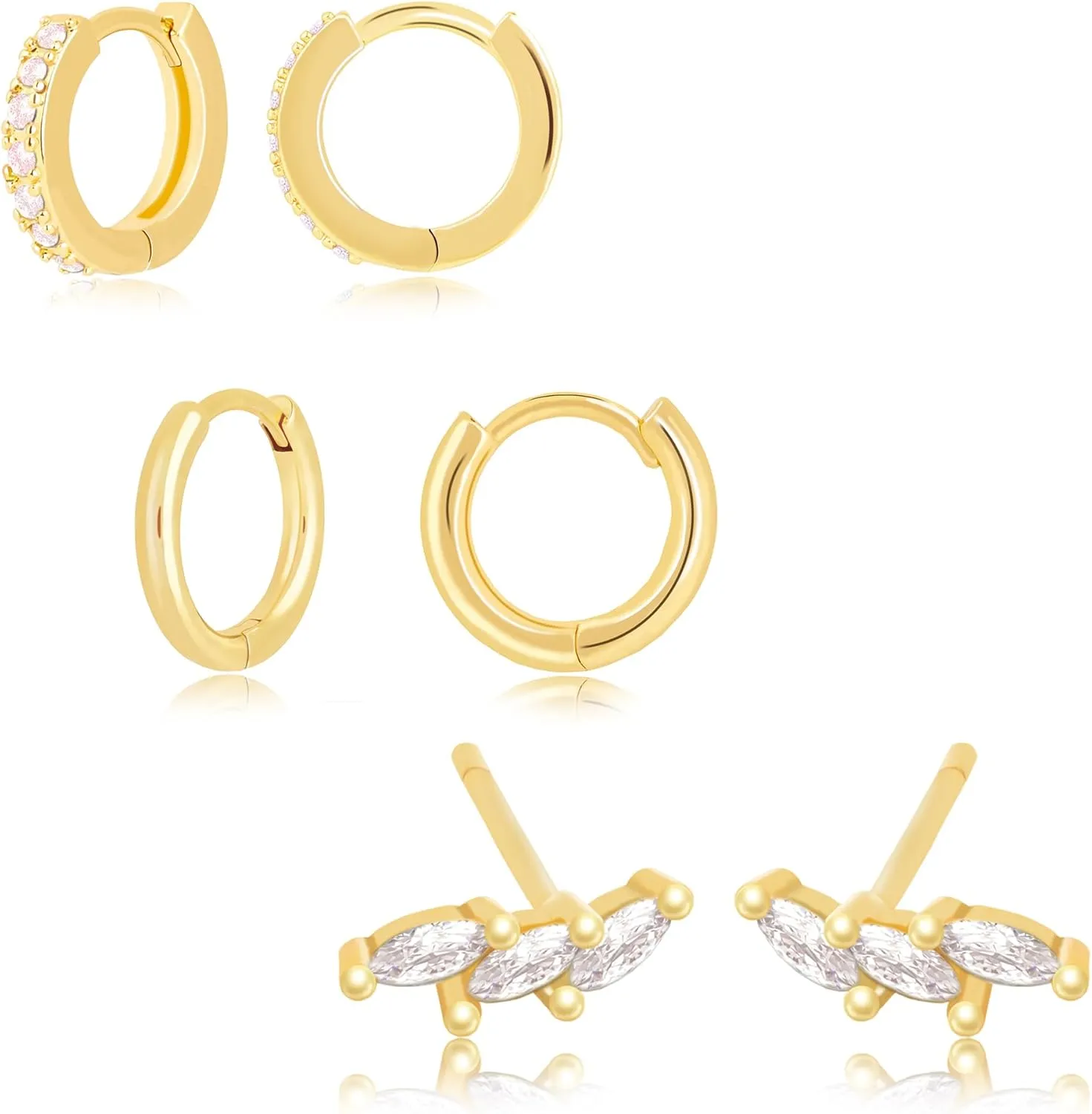 Gold Huggie Hoop Earrings Set for Women, Dainty Small Sterling Silver Earring for Multiple Piercing Hypoallergenic Jewelry, Trendy Twisted CZ Cartilage Earings for Women's Mother Gifts 3Pairs