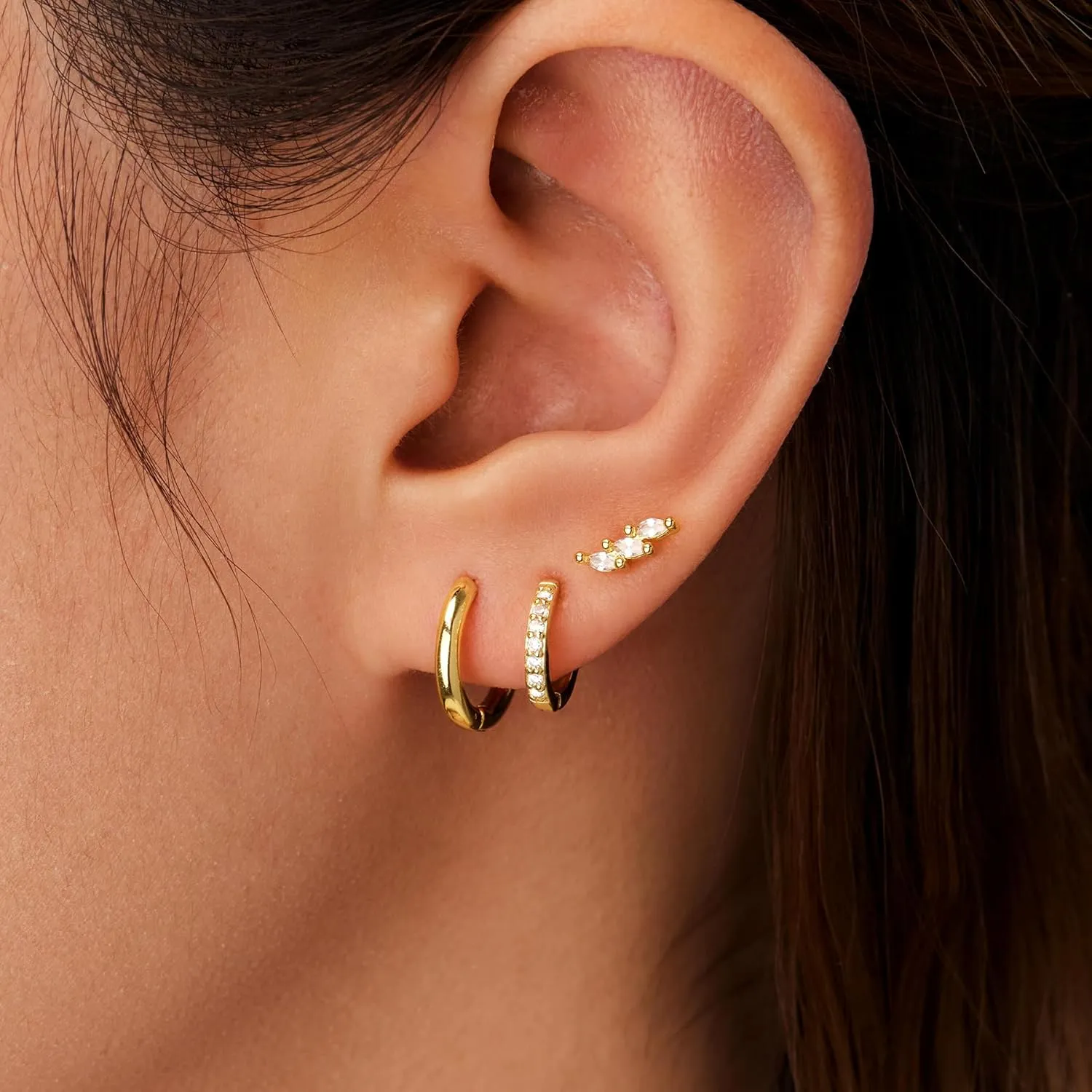 Gold Huggie Hoop Earrings Set for Women, Dainty Small Sterling Silver Earring for Multiple Piercing Hypoallergenic Jewelry, Trendy Twisted CZ Cartilage Earings for Women's Mother Gifts 3Pairs