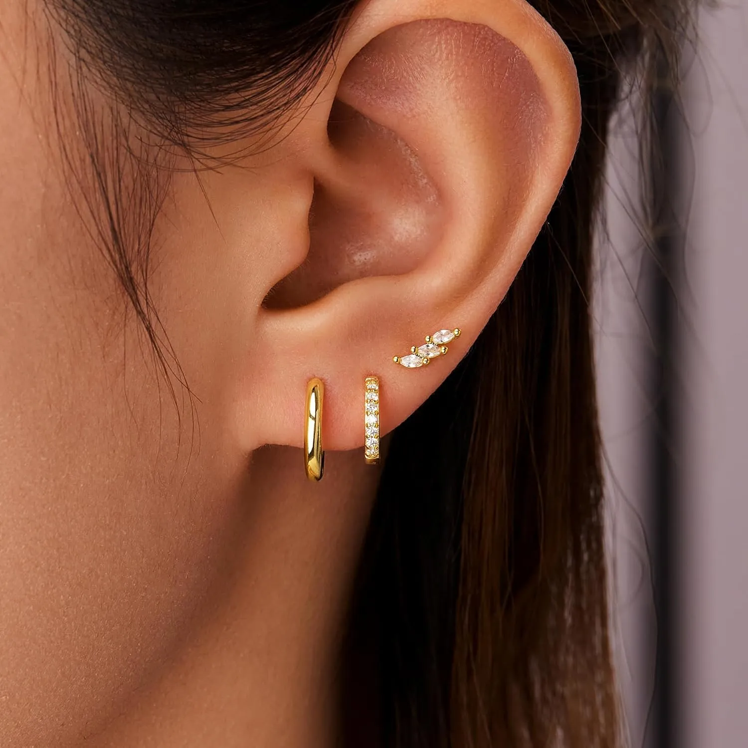Gold Huggie Hoop Earrings Set for Women, Dainty Small Sterling Silver Earring for Multiple Piercing Hypoallergenic Jewelry, Trendy Twisted CZ Cartilage Earings for Women's Mother Gifts 3Pairs