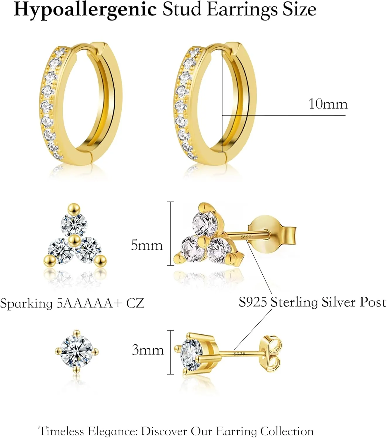 Gold Hypoallergenic Stud Earrings with S925 Sterling Silver Post for Sensitive Ears Dainty Tiny Cartilage Tragus Earring Sets for Multiple Piercing Cute Mini Cubic Zirconia Hoop Earring Stacks for Jewelry Gifts