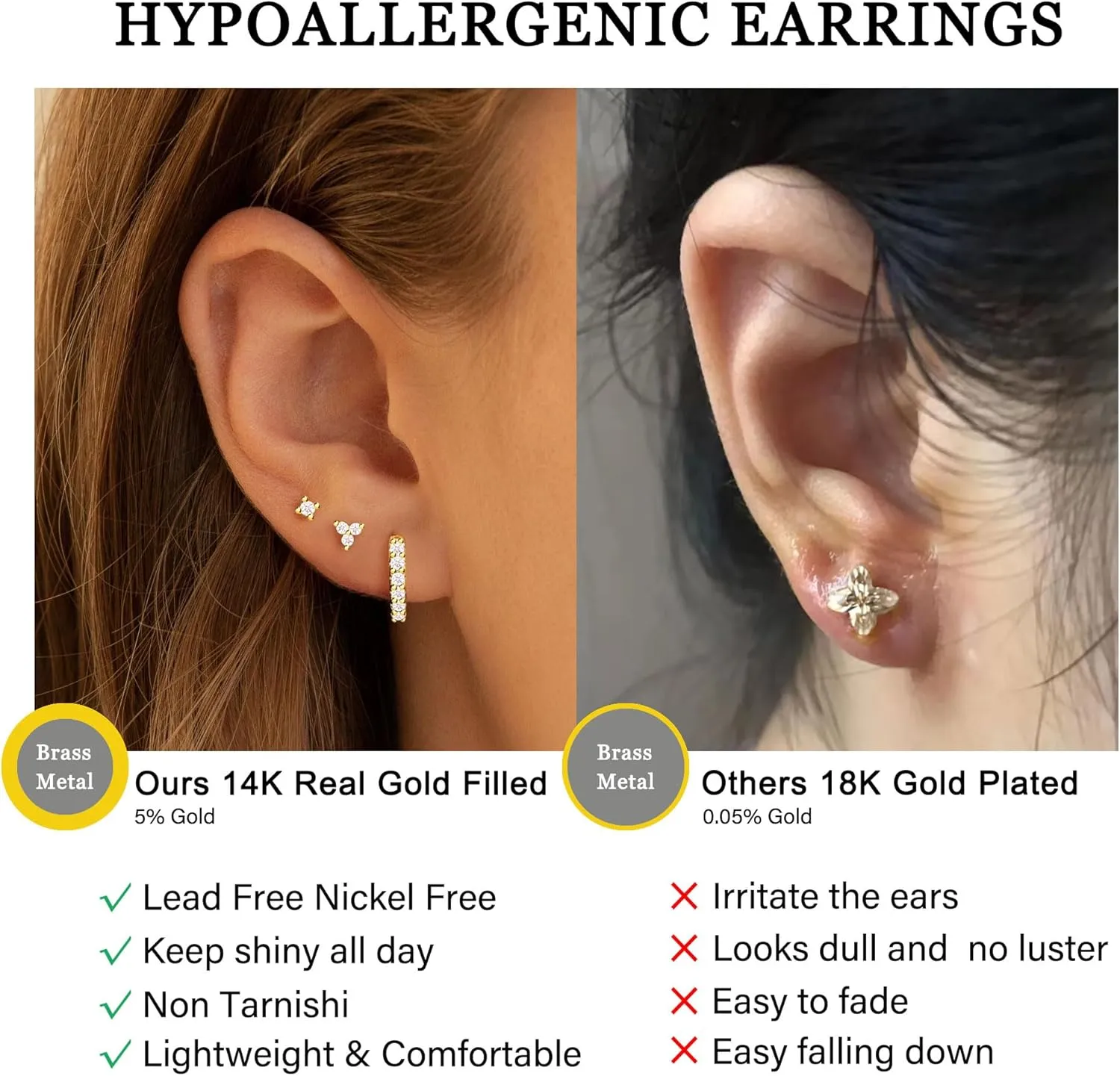 Gold Hypoallergenic Stud Earrings with S925 Sterling Silver Post for Sensitive Ears Dainty Tiny Cartilage Tragus Earring Sets for Multiple Piercing Cute Mini Cubic Zirconia Hoop Earring Stacks for Jewelry Gifts