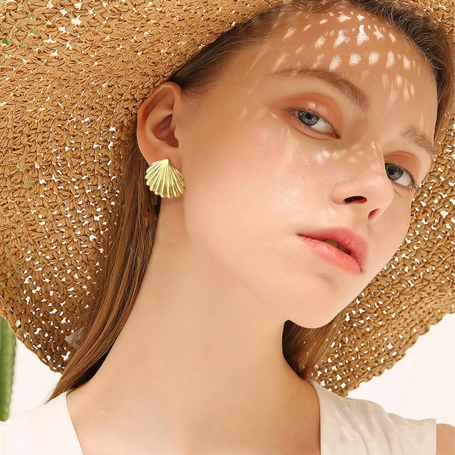 Gold Large Textured Stud Earrings for Women Trendy Vintage Statement Shell Earrings Ocean Beach Jewelry Gift