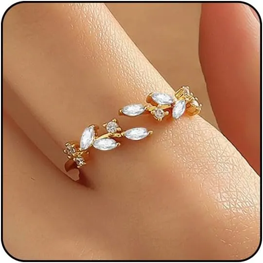 Gold Rings Non Tarnish Silver Adjustable Rings for Women Cubic Zirconia Leaf Ring Dainty Silver Stackable Ring for Women