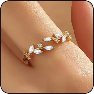 Gold Rings Non Tarnish Silver Adjustable Rings for Women Cubic Zirconia Leaf Ring Dainty Silver Stackable Ring for Women