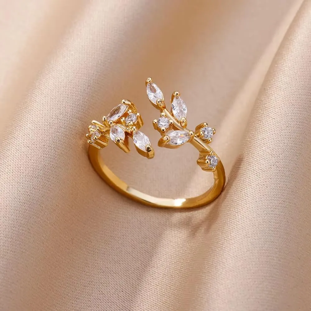 Gold Rings Non Tarnish Silver Adjustable Rings for Women Cubic Zirconia Leaf Ring Dainty Silver Stackable Ring for Women