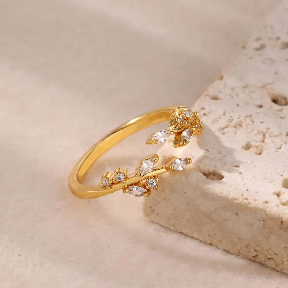 Gold Rings Non Tarnish Silver Adjustable Rings for Women Cubic Zirconia Leaf Ring Dainty Silver Stackable Ring for Women