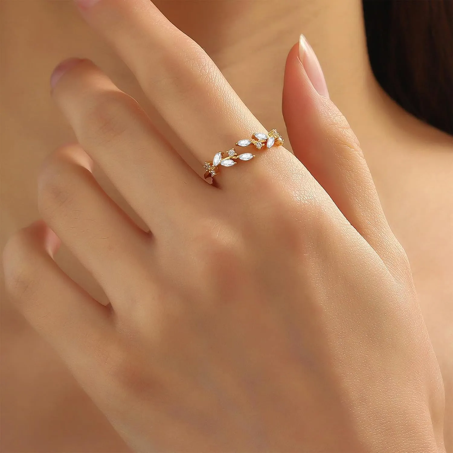 Gold Rings Non Tarnish Silver Adjustable Rings for Women Cubic Zirconia Leaf Ring Dainty Silver Stackable Ring for Women