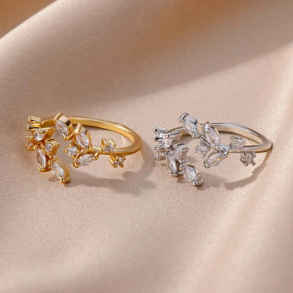 Gold Rings Non Tarnish Silver Adjustable Rings for Women Cubic Zirconia Leaf Ring Dainty Silver Stackable Ring for Women