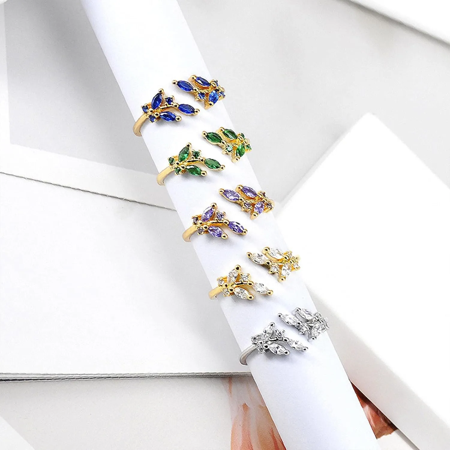 Gold Rings Non Tarnish Silver Adjustable Rings for Women Cubic Zirconia Leaf Ring Dainty Silver Stackable Ring for Women