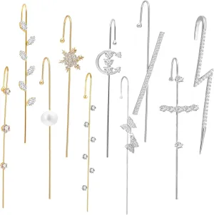 Gold Silver Ear Cuffs Set Ear Cuff Earrings for Women Pierced Pearl Rhinestone Lightning Bolt Snowflake Butterfly Ear Crawler Earrings Fashion Ear Jewelry for Women