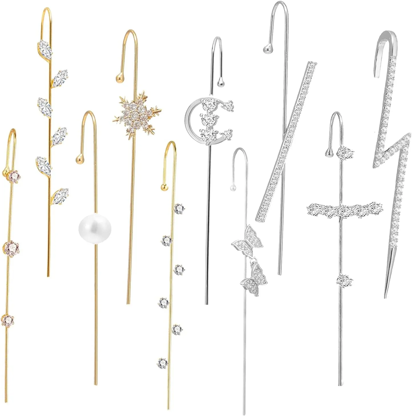 Gold Silver Ear Cuffs Set Ear Cuff Earrings for Women Pierced Pearl Rhinestone Lightning Bolt Snowflake Butterfly Ear Crawler Earrings Fashion Ear Jewelry for Women