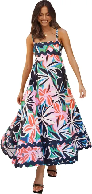 GOLDSTITCH Womens Casual Sleeveless Smocked Maxi Dresses Spaghetti Strap Boho A Line Long Flowy Beach Sundress