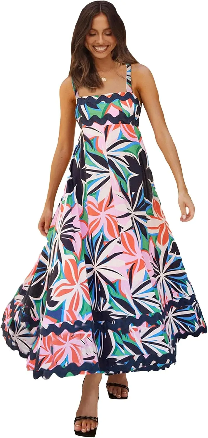 GOLDSTITCH Womens Casual Sleeveless Smocked Maxi Dresses Spaghetti Strap Boho A Line Long Flowy Beach Sundress
