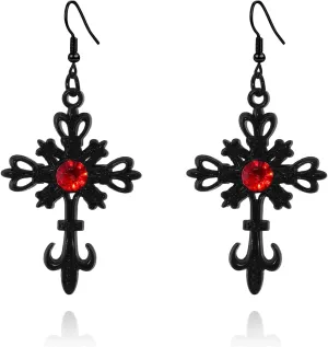 Gothic Cross Earrings for Women Red Black Crystal Cross Earrings Punk Vintage Rose Hook Earrings Cross Faith Dangle Drop Earrings Halloween Christmas New Year Clothing Accessories