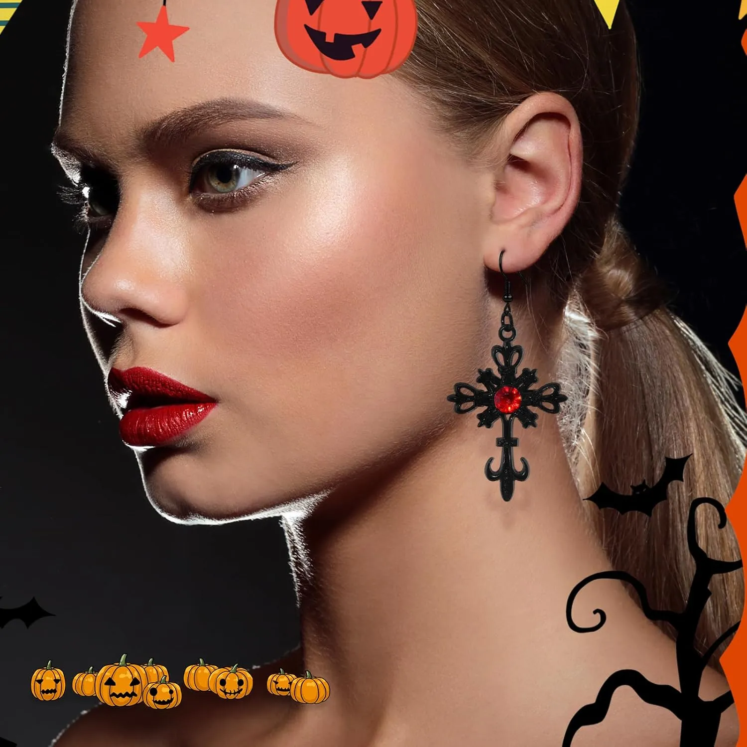 Gothic Cross Earrings for Women Red Black Crystal Cross Earrings Punk Vintage Rose Hook Earrings Cross Faith Dangle Drop Earrings Halloween Christmas New Year Clothing Accessories