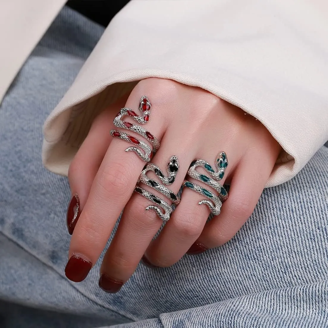 HAIXIAN Spiral Snake Womens Ring,Open Punk Gothic Cocktail Party Wrap Twist Snake S925 Sterling Silver Ring Jewelry for Women