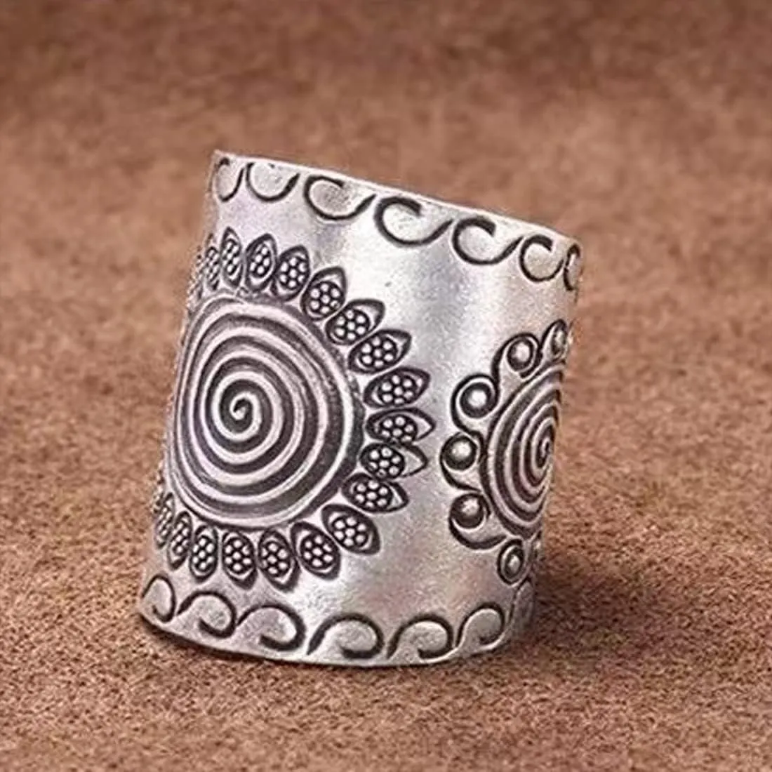 HAIXIAN Vintage Sunflower S925 Sterling Silver Boho Wide Bands Ring for Women Man,Adjustable national style Thumb Ring