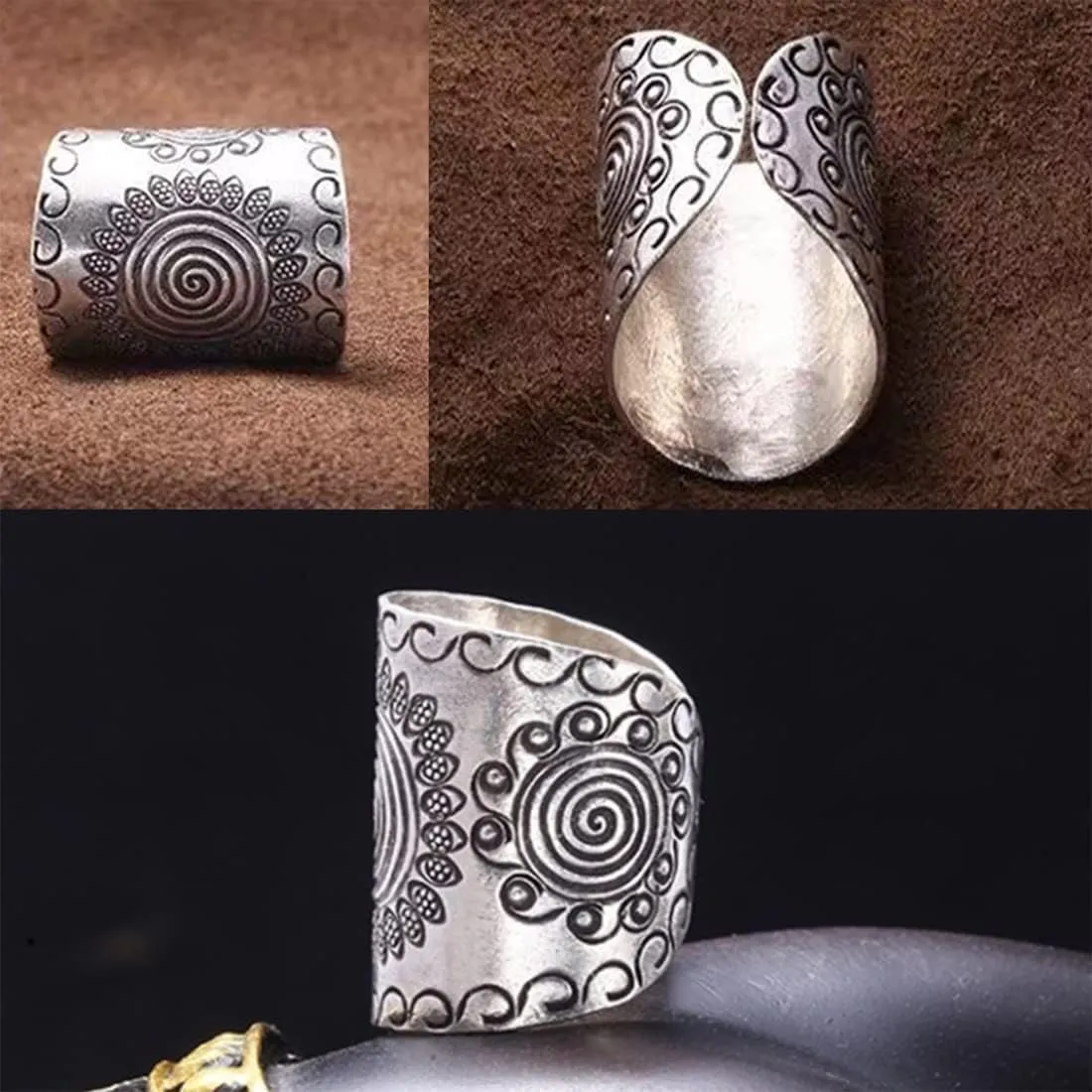 HAIXIAN Vintage Sunflower S925 Sterling Silver Boho Wide Bands Ring for Women Man,Adjustable national style Thumb Ring