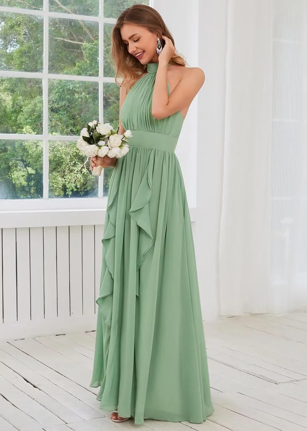 Halter Ruffle Chiffon Bridesmaid Dresses for Women 2024 Long Slit Formal Evening Gowns with Pockets