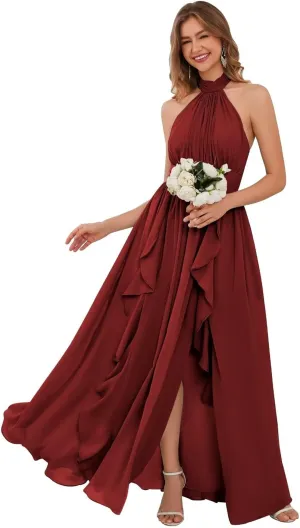 Halter Ruffle Chiffon Bridesmaid Dresses for Women 2024 Long Slit Formal Evening Gowns with Pockets