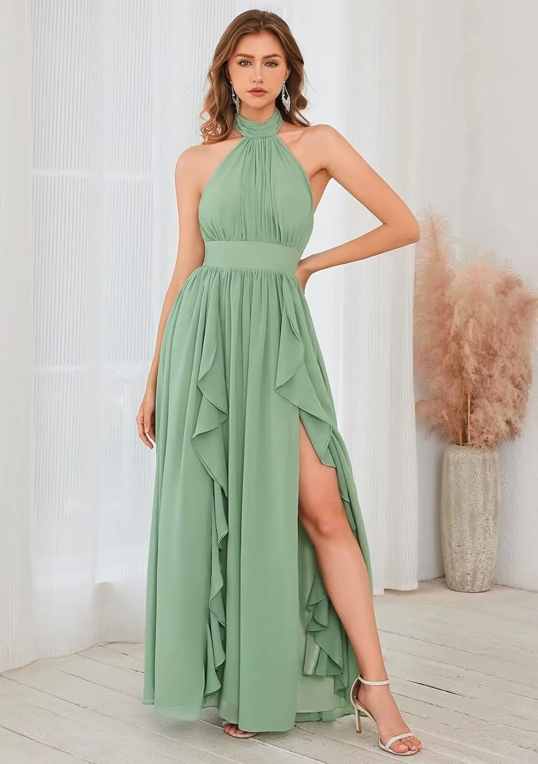 Halter Ruffle Chiffon Bridesmaid Dresses for Women 2024 Long Slit Formal Evening Gowns with Pockets
