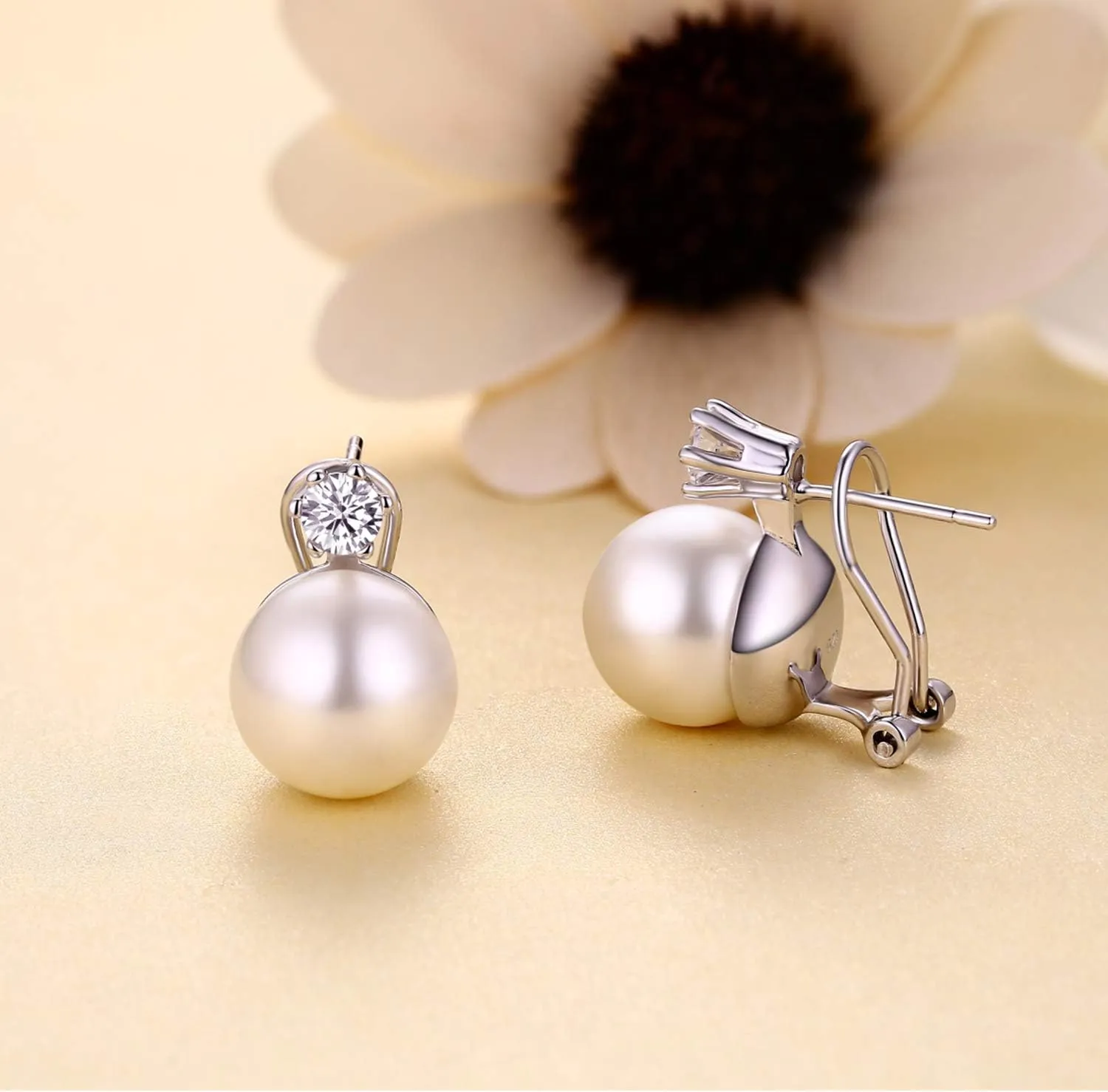 Han han 18K White Gold Plated Pearl Diamond Stud Earrings for Women 925 Sterling Silver Pearl Earrings, Fine Jewelry Gift for Women 8MM-13MM