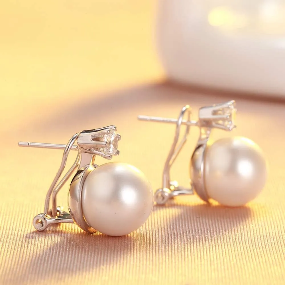 Han han 18K White Gold Plated Pearl Diamond Stud Earrings for Women 925 Sterling Silver Pearl Earrings, Fine Jewelry Gift for Women 8MM-13MM