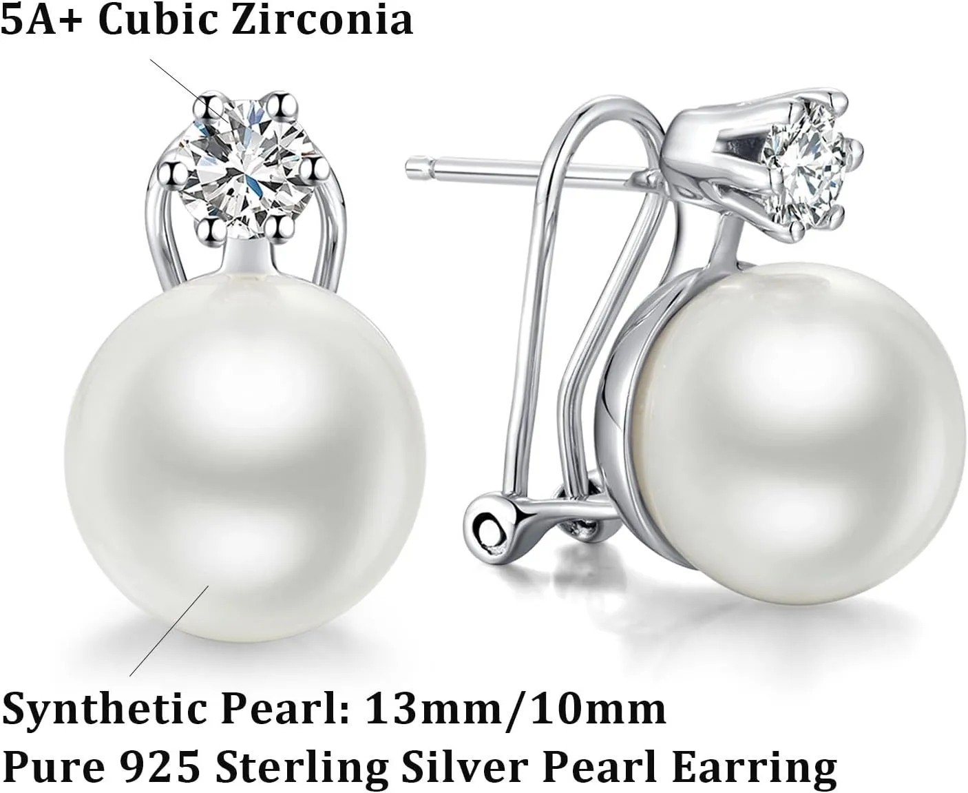 Han han 18K White Gold Plated Pearl Diamond Stud Earrings for Women 925 Sterling Silver Pearl Earrings, Fine Jewelry Gift for Women 8MM-13MM