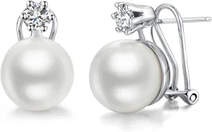 Han han 18K White Gold Plated Pearl Diamond Stud Earrings for Women 925 Sterling Silver Pearl Earrings, Fine Jewelry Gift for Women 8MM-13MM