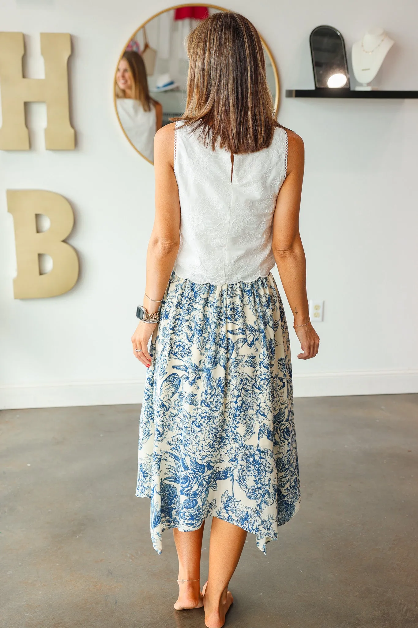 Handkerchief Hem Midi Skirt - Blue Floral