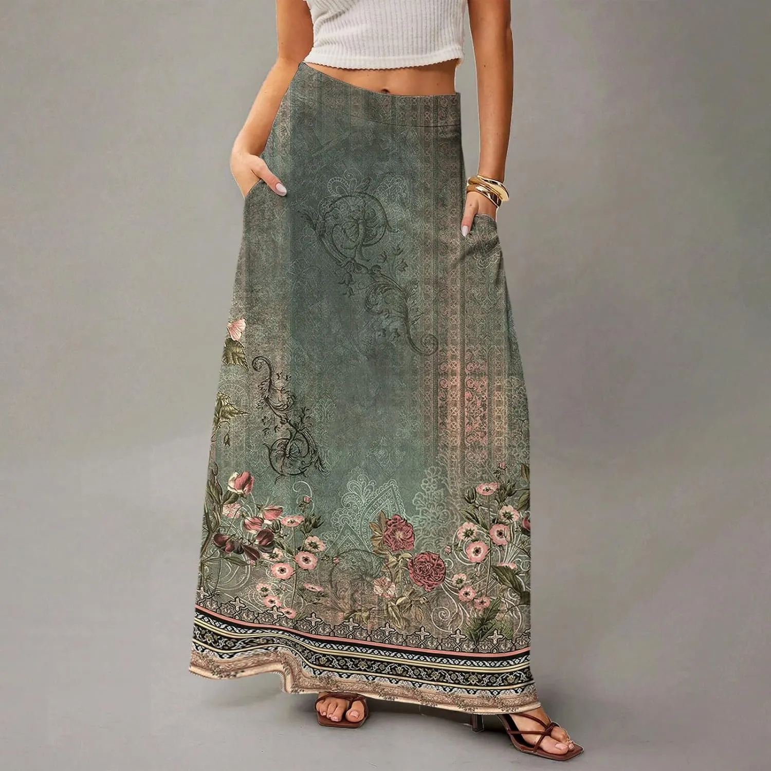 HAVUITYY Bohemian Maxi Skirts for Women 2025 Casual Floral Print Flowy High Waist A Line Summer Skirts with Pocket