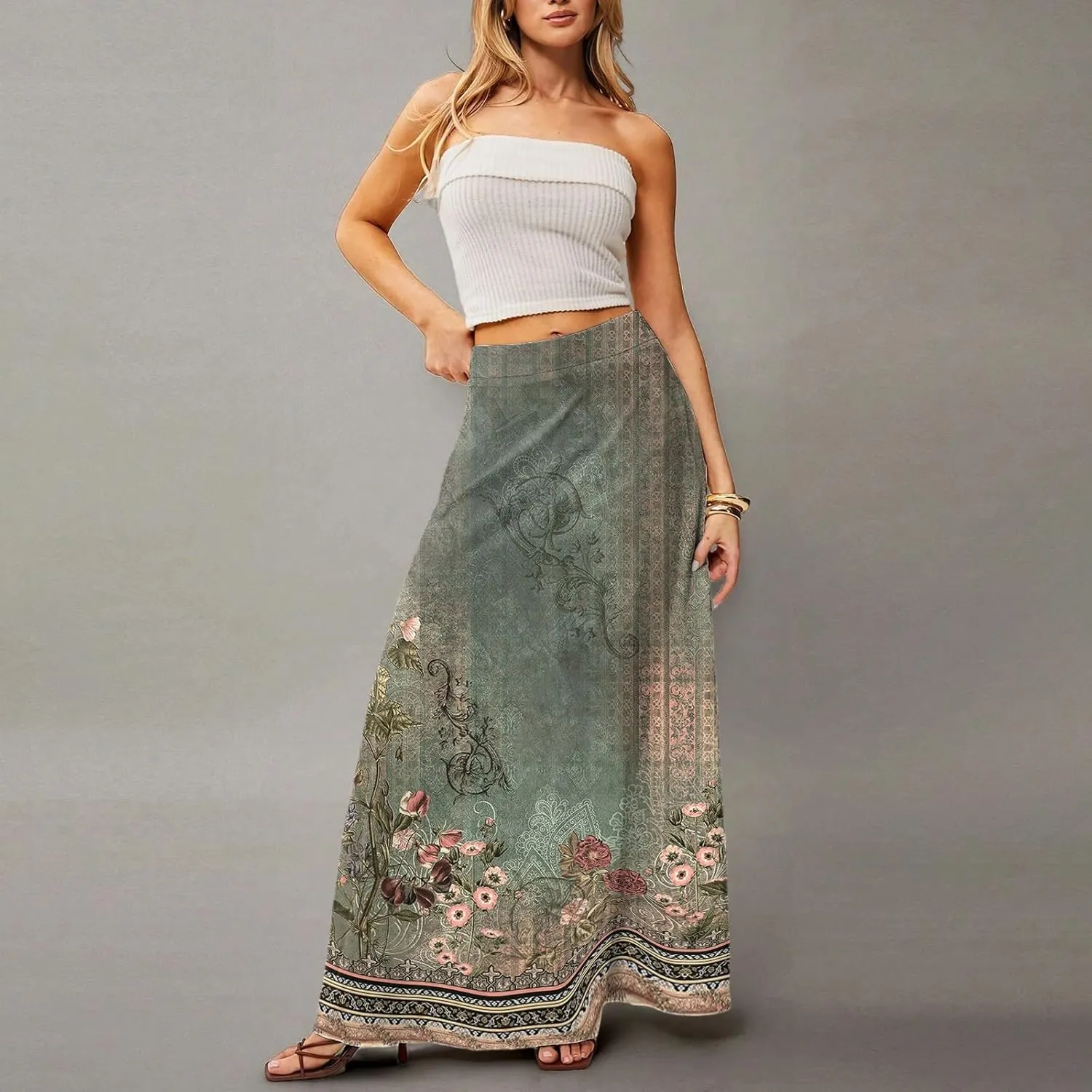 HAVUITYY Bohemian Maxi Skirts for Women 2025 Casual Floral Print Flowy High Waist A Line Summer Skirts with Pocket