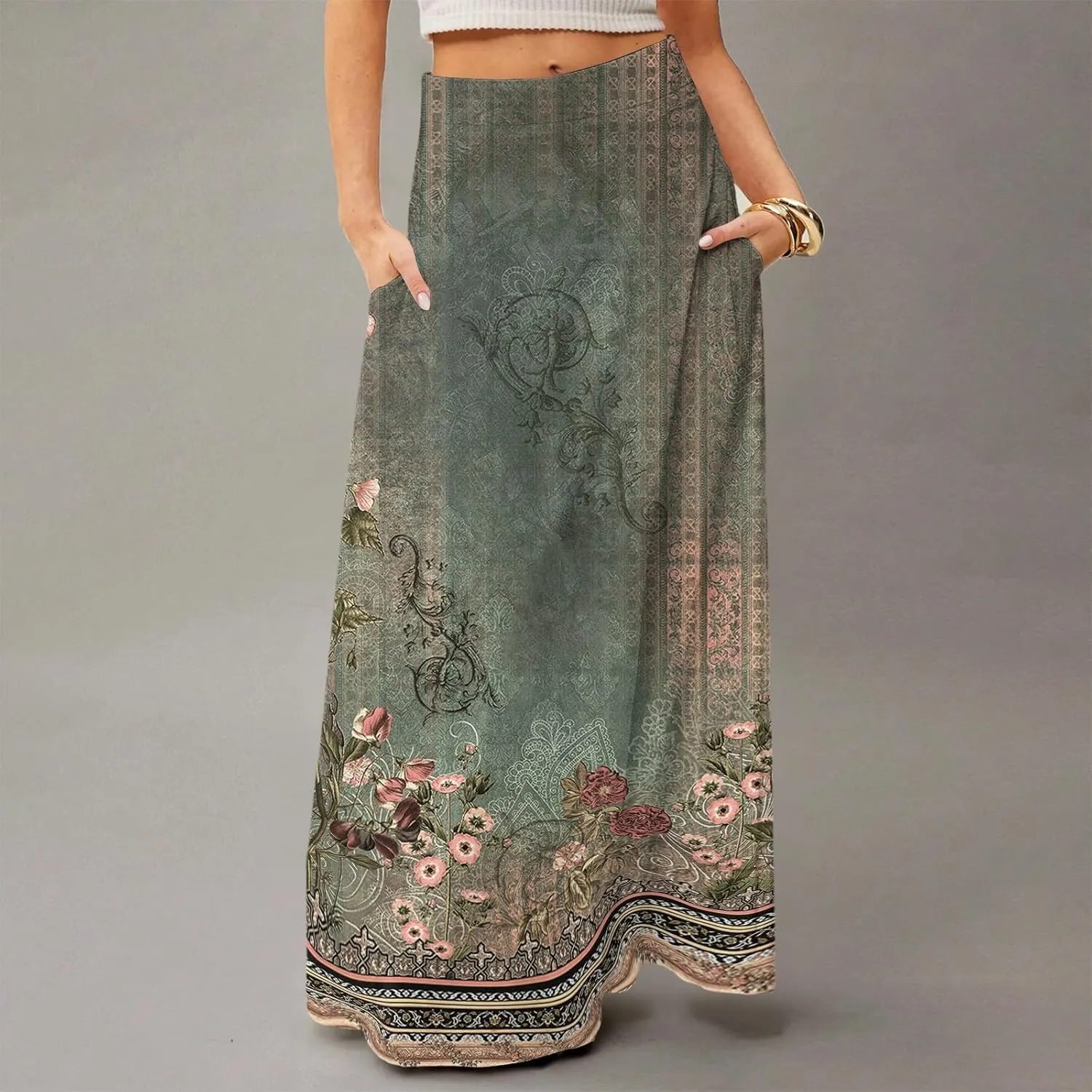 HAVUITYY Bohemian Maxi Skirts for Women 2025 Casual Floral Print Flowy High Waist A Line Summer Skirts with Pocket