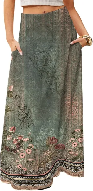 HAVUITYY Bohemian Maxi Skirts for Women 2025 Casual Floral Print Flowy High Waist A Line Summer Skirts with Pocket