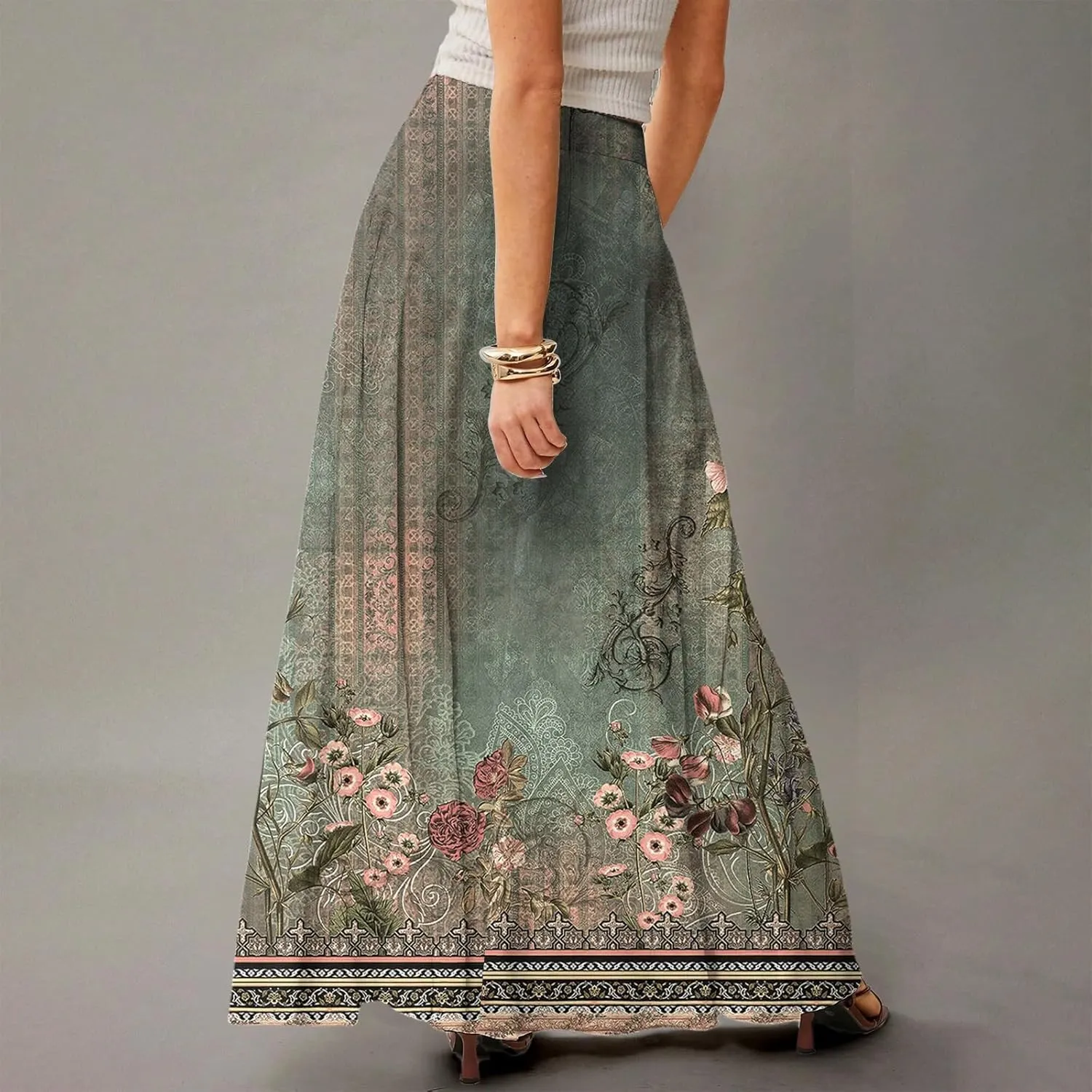 HAVUITYY Bohemian Maxi Skirts for Women 2025 Casual Floral Print Flowy High Waist A Line Summer Skirts with Pocket