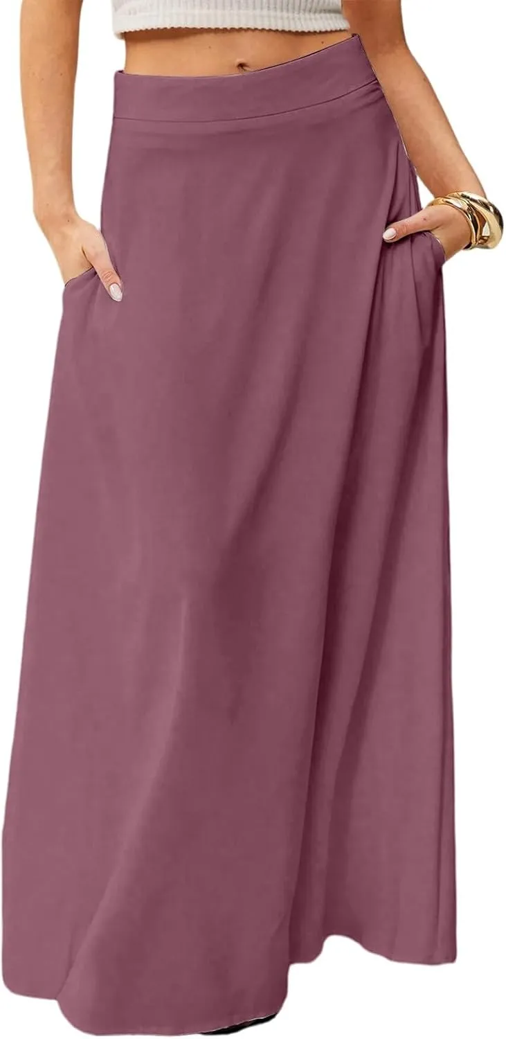 HAVUITYY Women's 2025 Bohemian Long Skirts Casual Solid Color Flowy High Waist A Line Summer Maxi Skirts for Women
