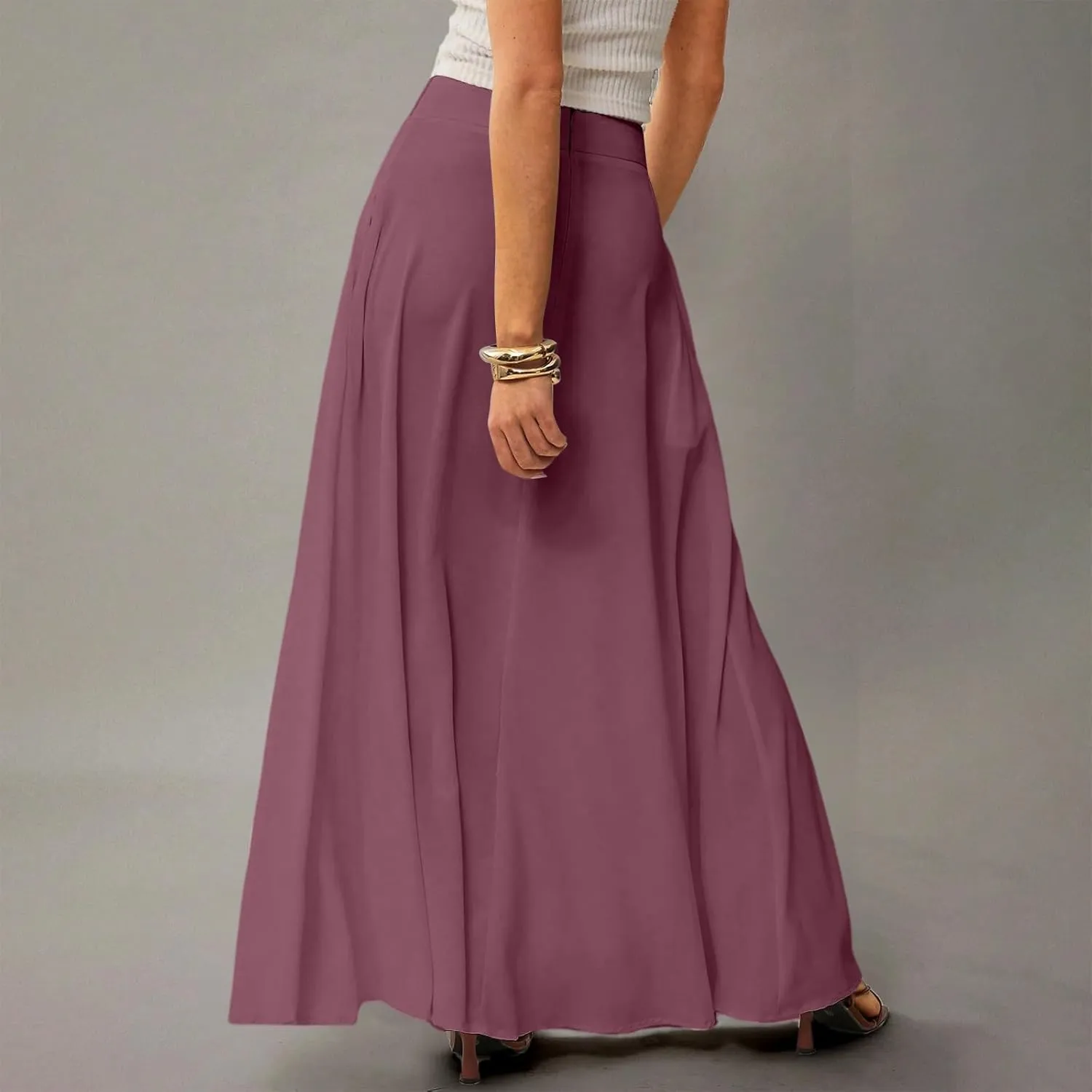 HAVUITYY Women's 2025 Bohemian Long Skirts Casual Solid Color Flowy High Waist A Line Summer Maxi Skirts for Women