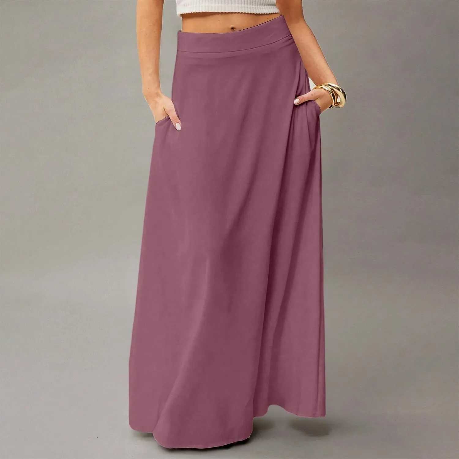 HAVUITYY Women's 2025 Bohemian Long Skirts Casual Solid Color Flowy High Waist A Line Summer Maxi Skirts for Women