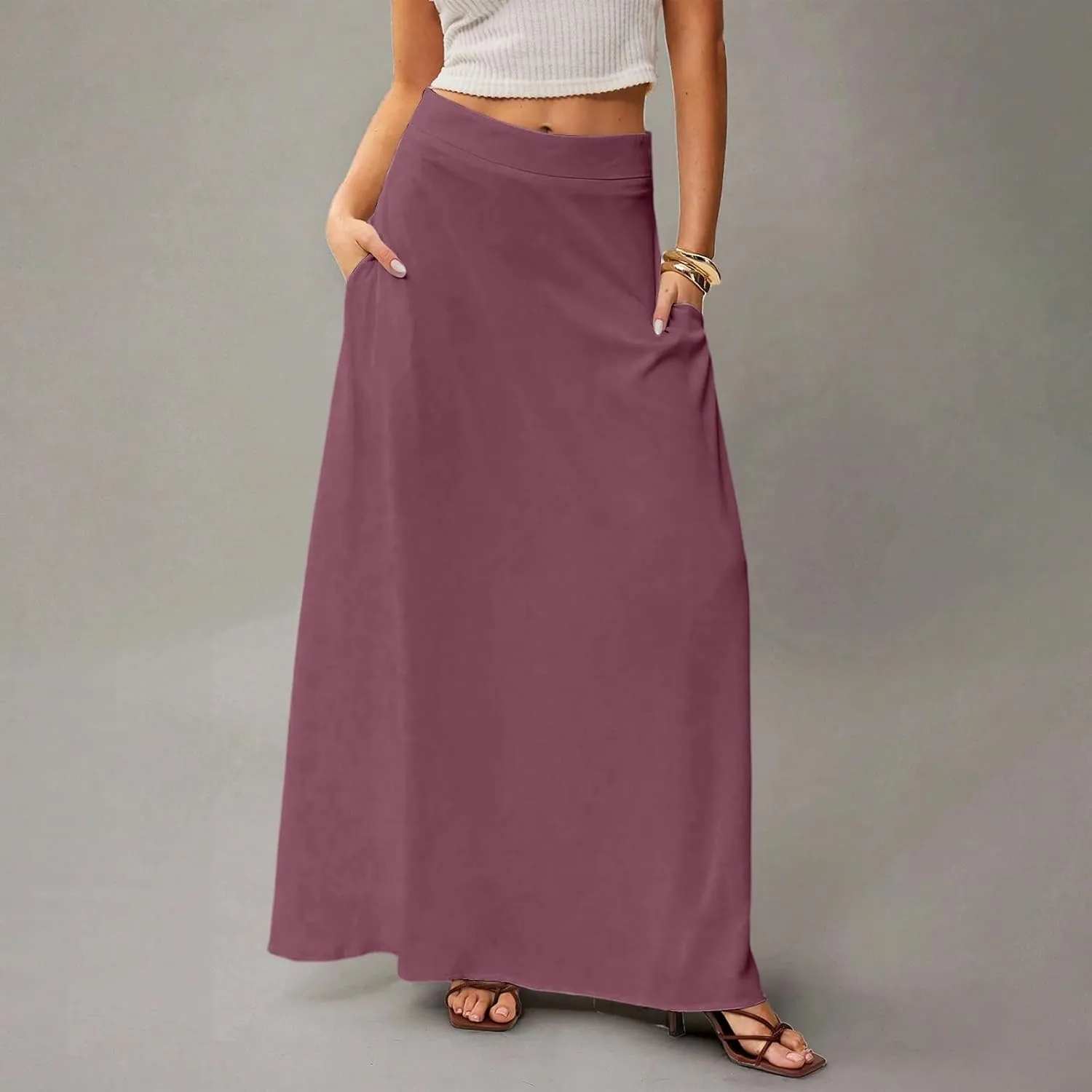 HAVUITYY Women's 2025 Bohemian Long Skirts Casual Solid Color Flowy High Waist A Line Summer Maxi Skirts for Women