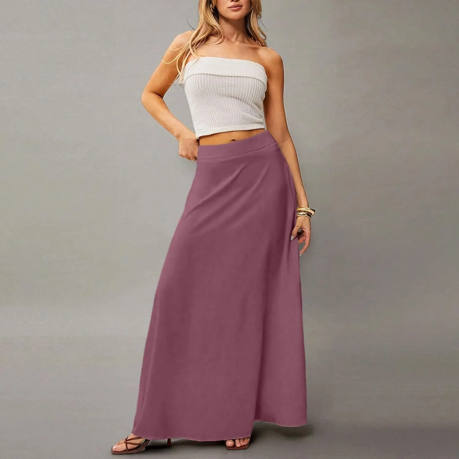HAVUITYY Women's 2025 Bohemian Long Skirts Casual Solid Color Flowy High Waist A Line Summer Maxi Skirts for Women