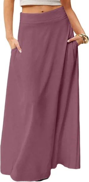 HAVUITYY Women's 2025 Bohemian Long Skirts Casual Solid Color Flowy High Waist A Line Summer Maxi Skirts for Women