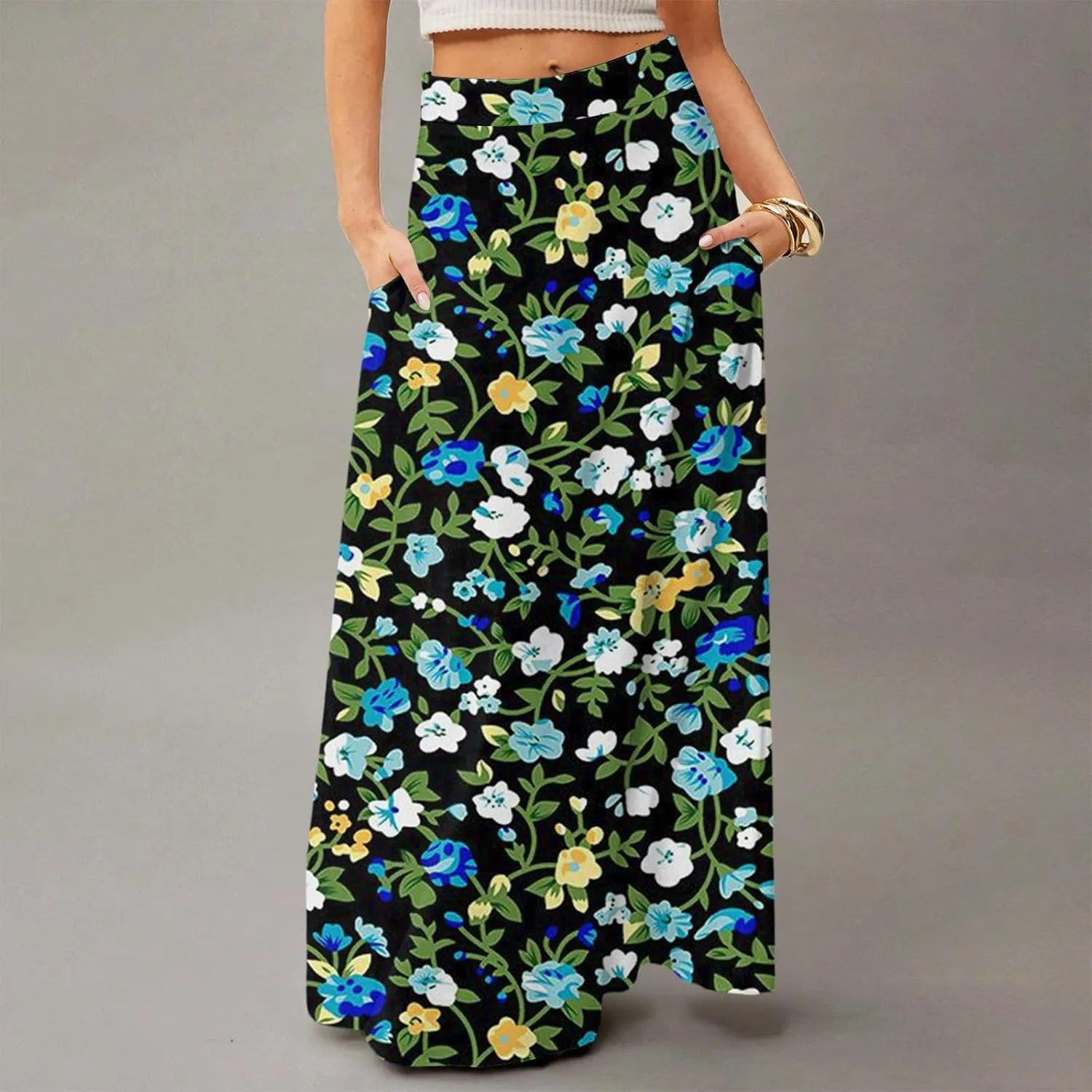 HAVUITYY Women's 2025 Bohemian Long Skirts Ditzy Floral Print Flowy High Waist A Line Summer Maxi Skirts for Women